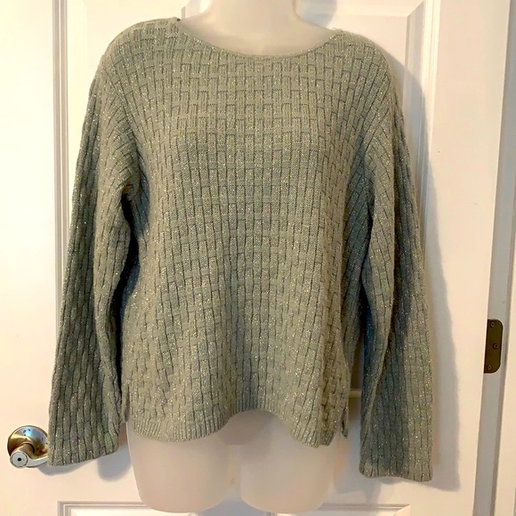 Vintage Sweaters - VINTAGE 80s Metallic Silver Basket Weave Woven Sweater